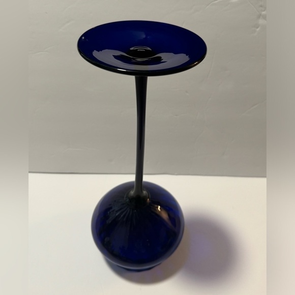 Vintage MCM Cobalt Blue Stretch Tall Pedestal Hand Blown Bowl with Scalloped Rim - Picture 5 of 7
